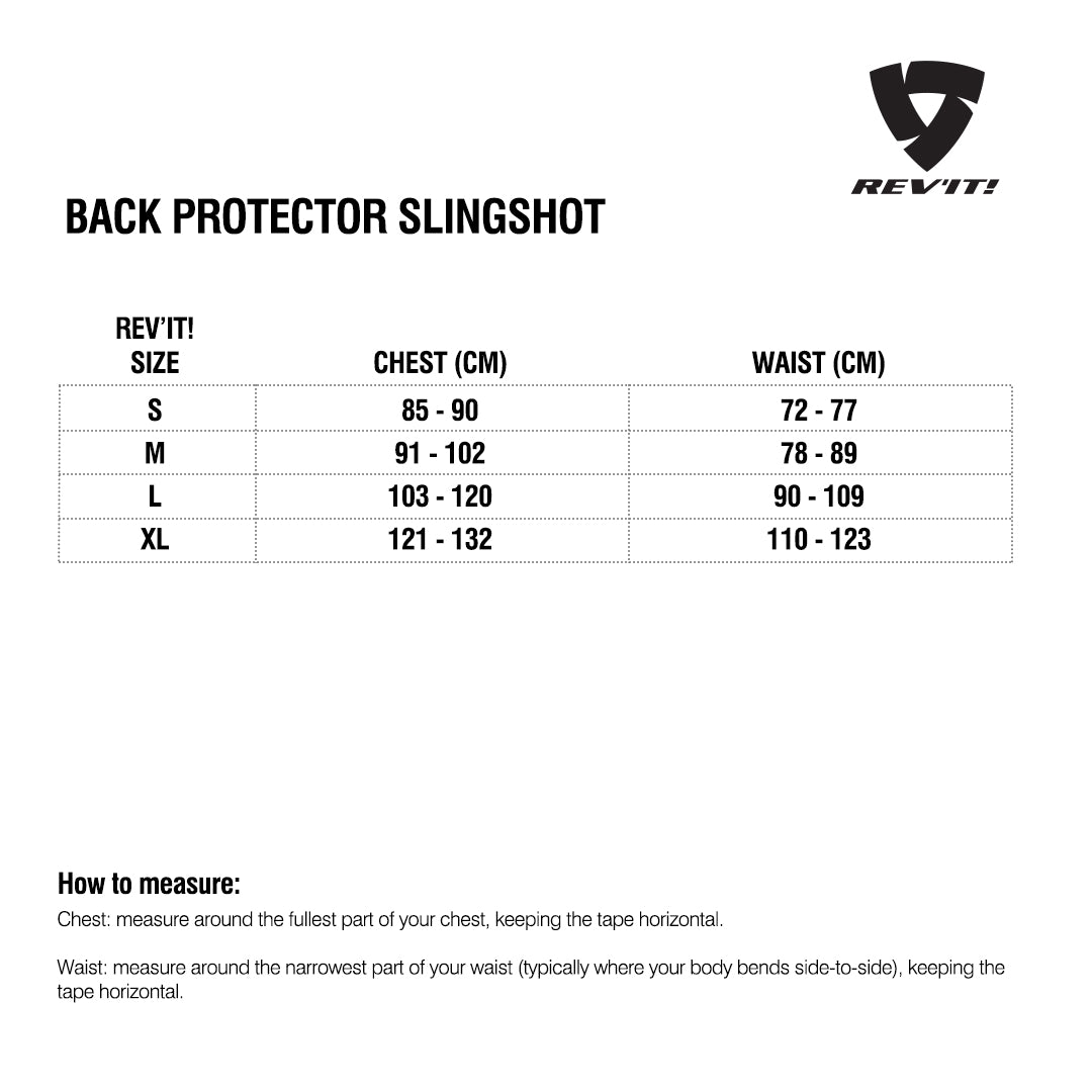 Size chart for REVIT Back Protector Slingshot