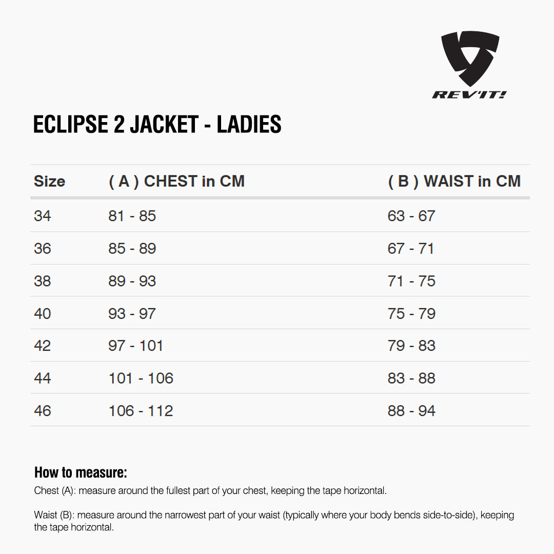 Size chart for REVIT Eclipse 2 Jacket - Ladies
