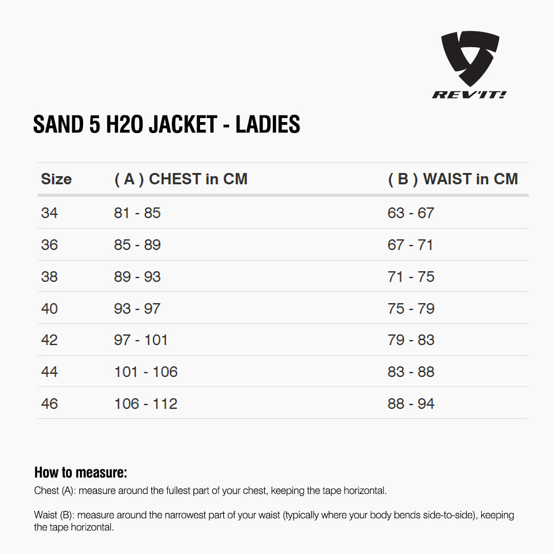 Size chart for REVIT Sand 5 H2O Jacket - Ladies