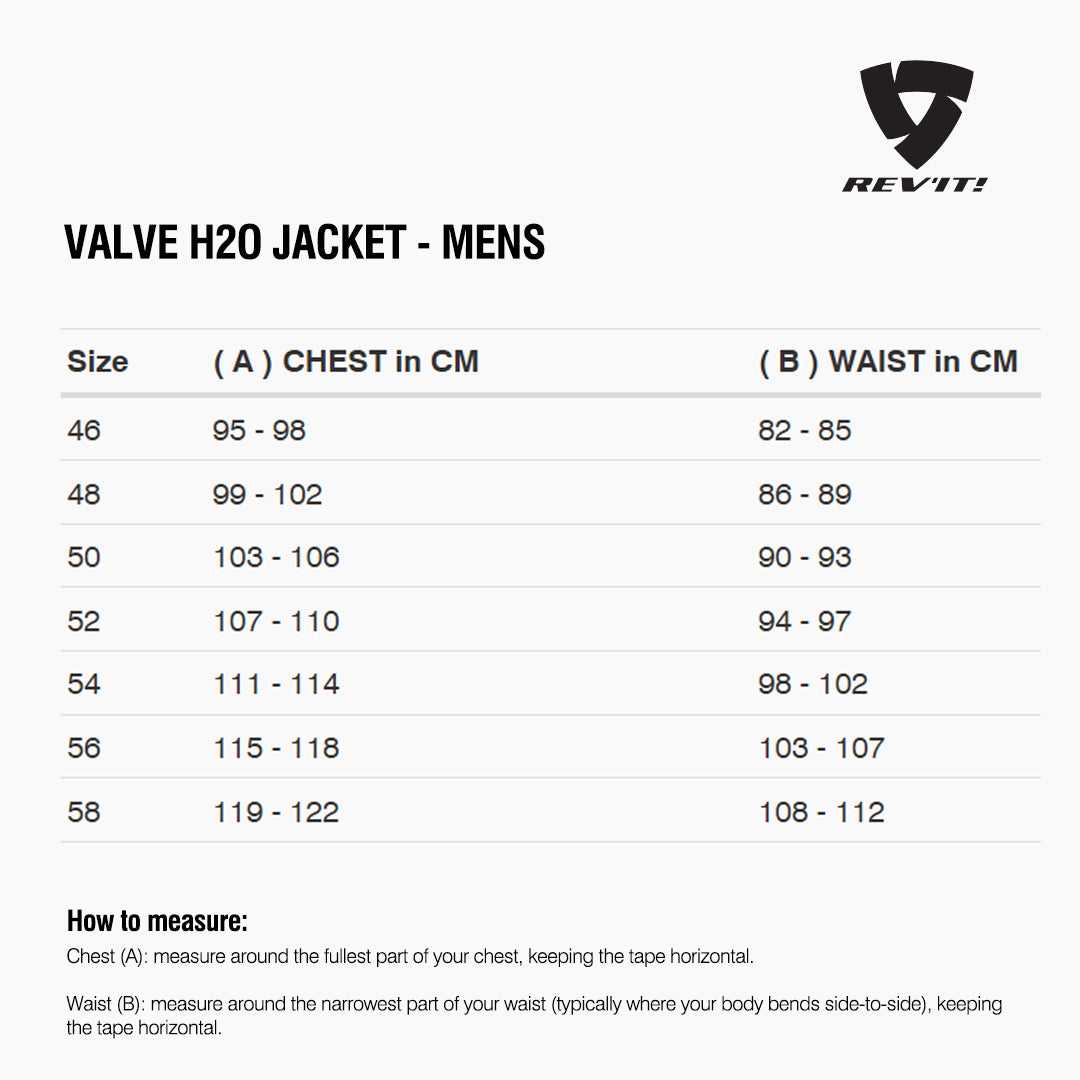 Size chart for REVIT Valve H2O Jacket - Mens
