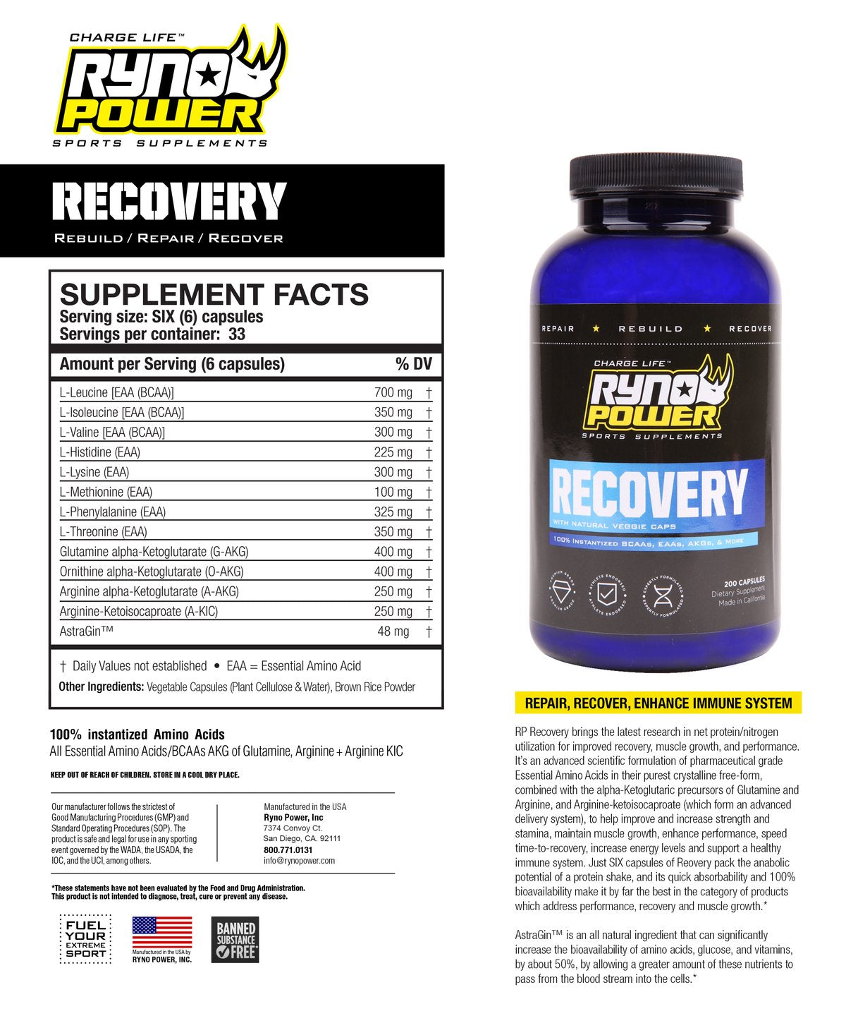 Ryno Power Recovery Capsules 200 Capsules