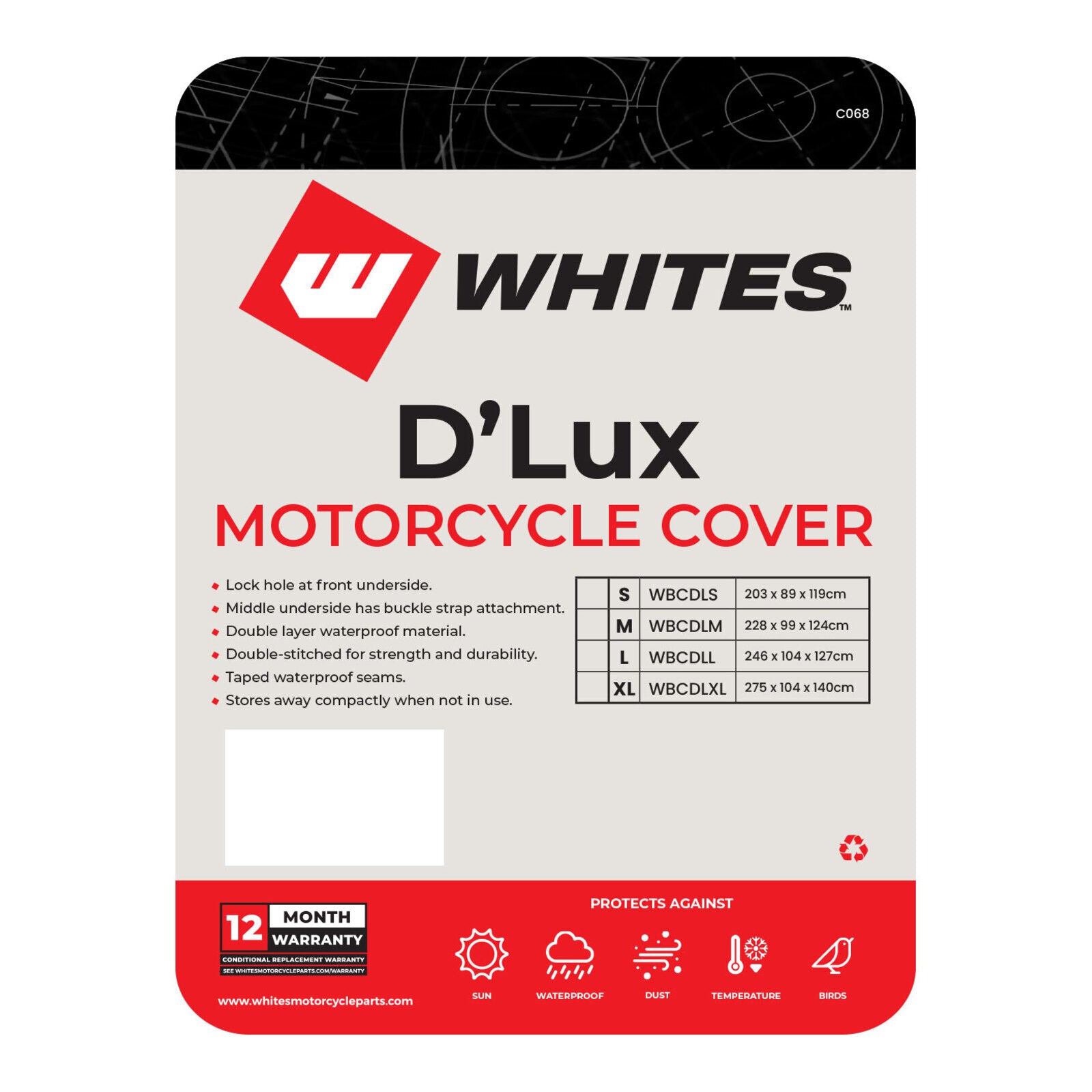 Whites Motorcycle Cover - D'Lux (M / 228 x 99 x 124cm)