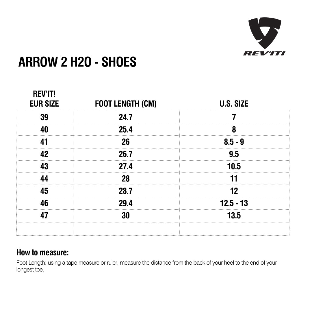 Size chart for REVIT Arrow 2 H2O Shoes