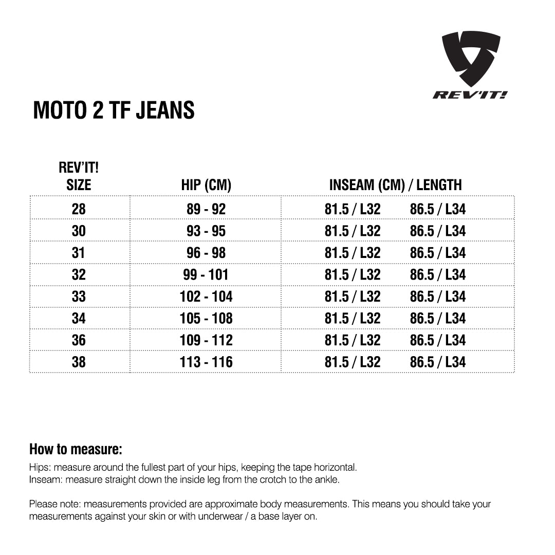 Size chart for REVIT Moto 2 TF Jeans - Mens