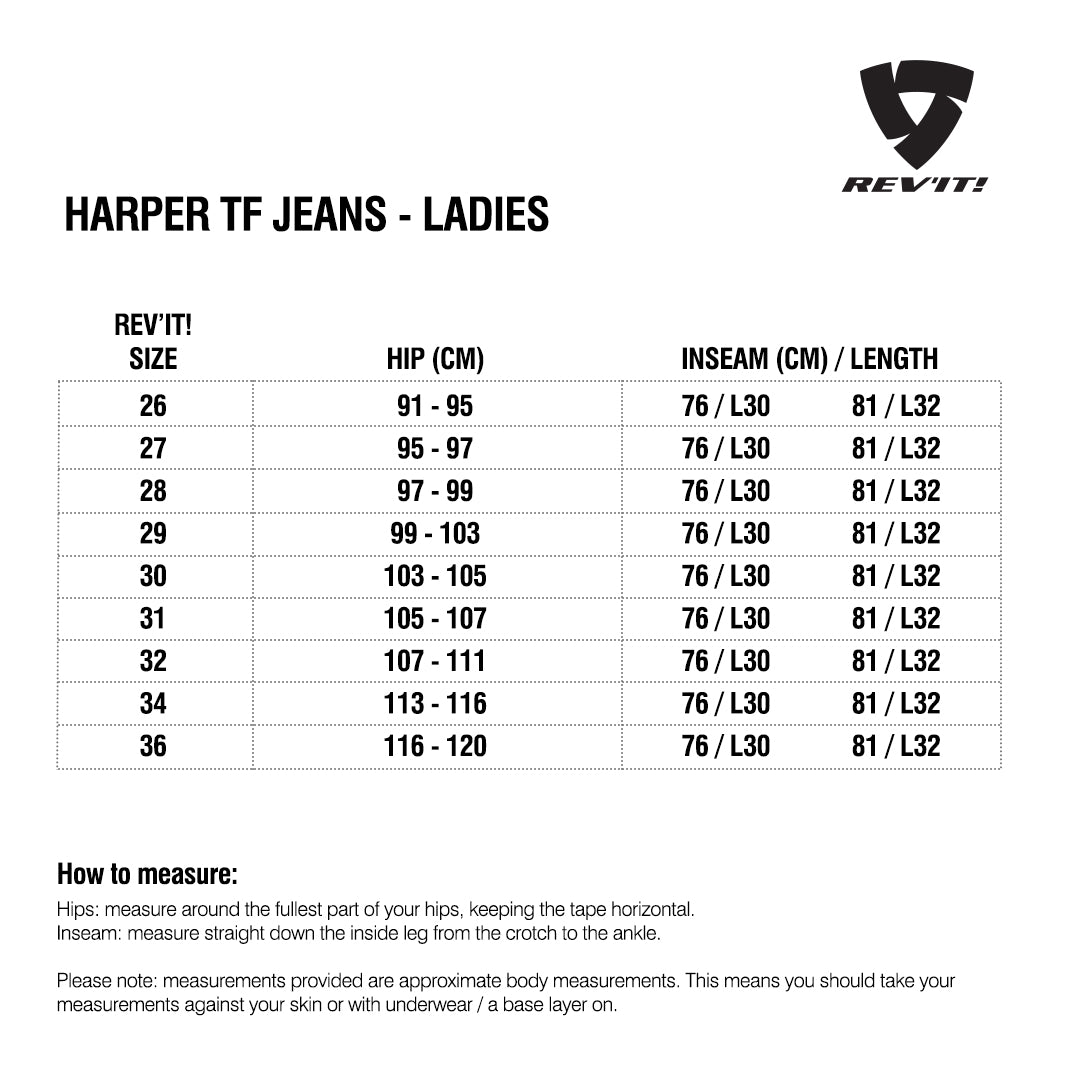Size chart for REVIT Harper TF Ladies Jeans