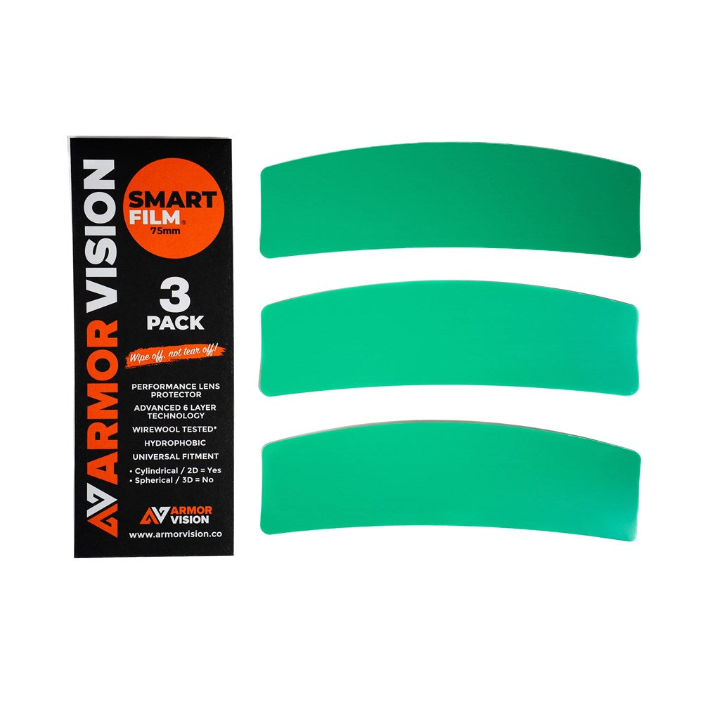 ARMOR VISION 75MM SMARTFILM RACING VISOR PROTECTOR (PACK OF 3) designed for cylindrical visors will not work with spherical visors