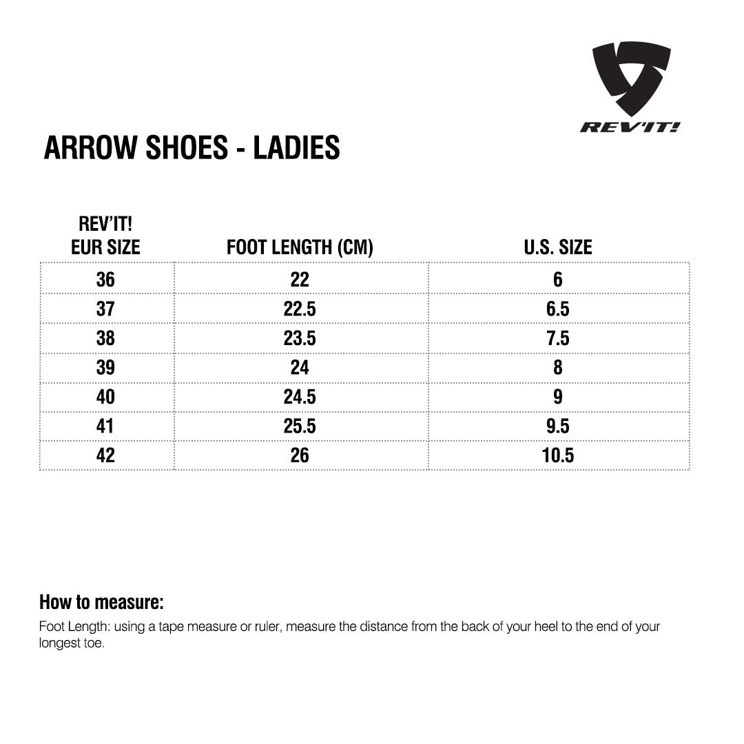 Size chart for REVIT Arrow Ladies Shoes