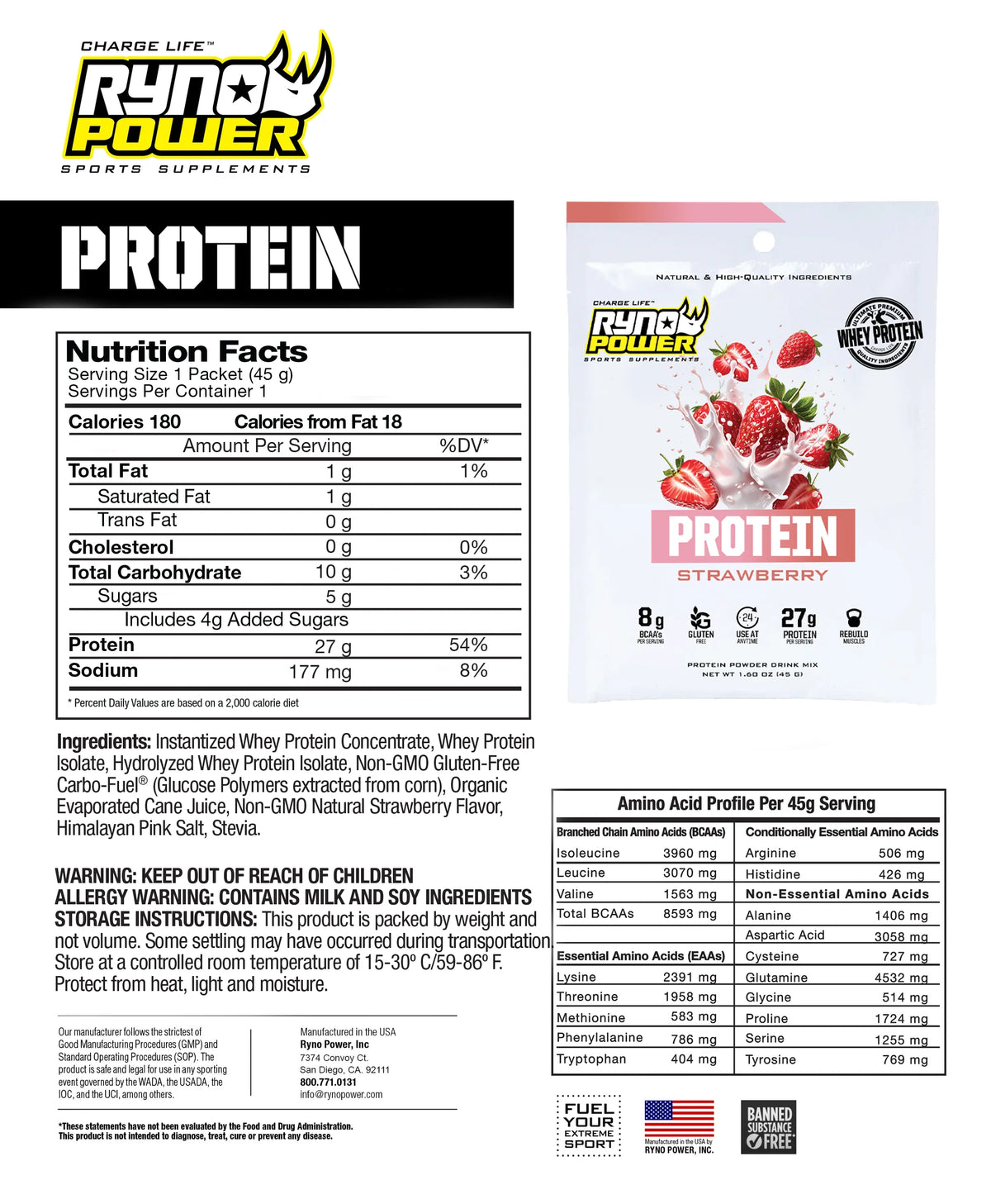 Ryno Power Strawberry Whey Protein Powder  Single