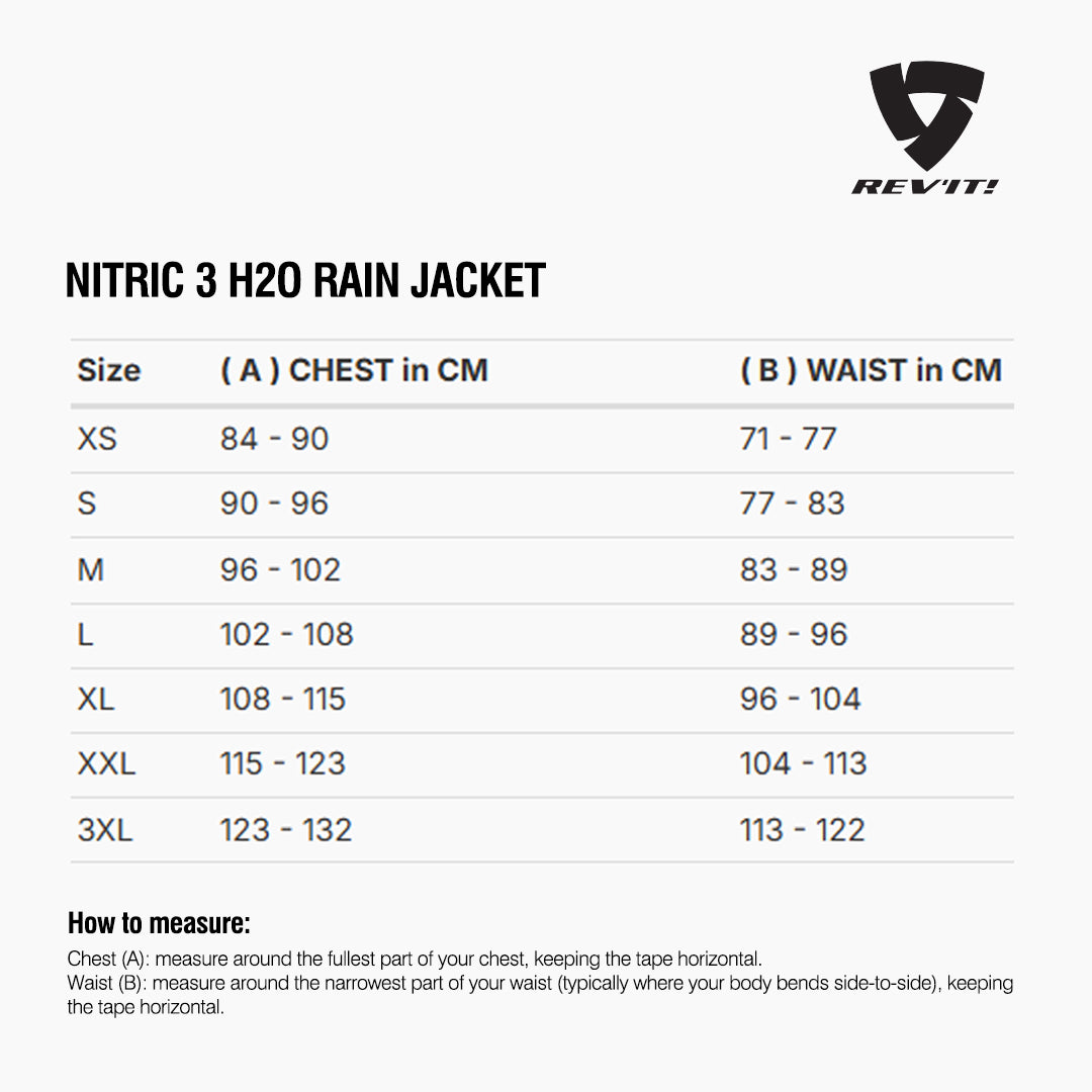 Size chart for REVIT Nitric 3 H2O Rain Jacket